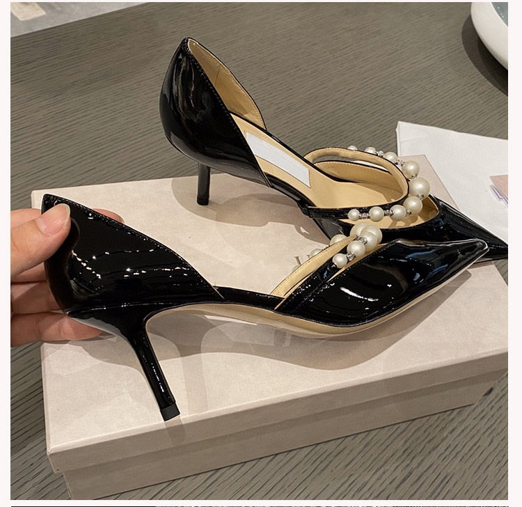 2021 New Hollow High Heels Women's Stiletto Pearl Pointed Wedding Shoes