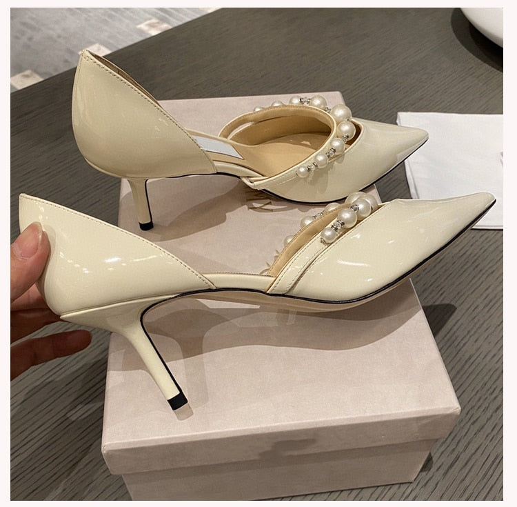 2021 New Hollow High Heels Women's Stiletto Pearl Pointed Wedding Shoes