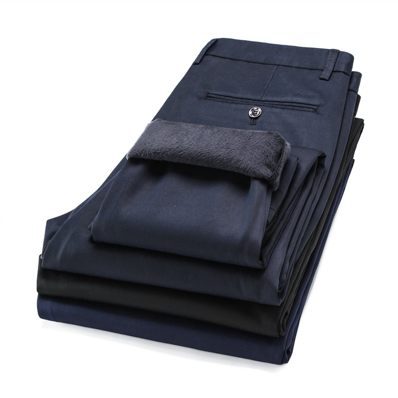 SHAN BAO 2021 winter brand fleece thick warm fit straight trousers business casual