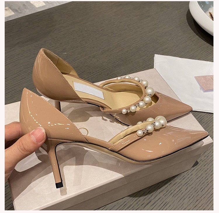 2021 New Hollow High Heels Women's Stiletto Pearl Pointed Wedding Shoes
