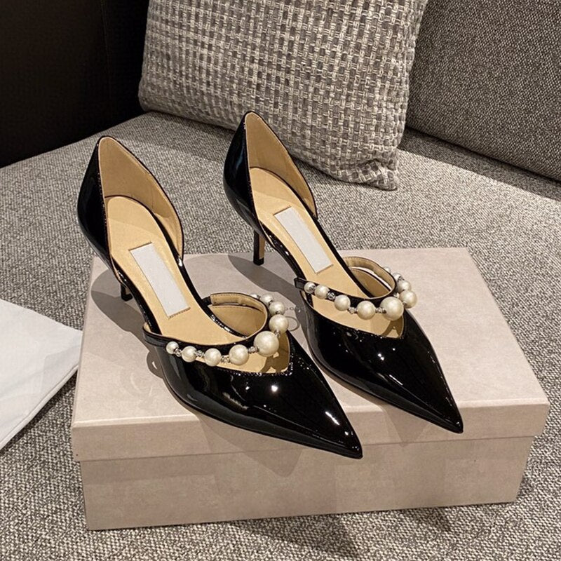 2021 New Hollow High Heels Women's Stiletto Pearl Pointed Wedding Shoes
