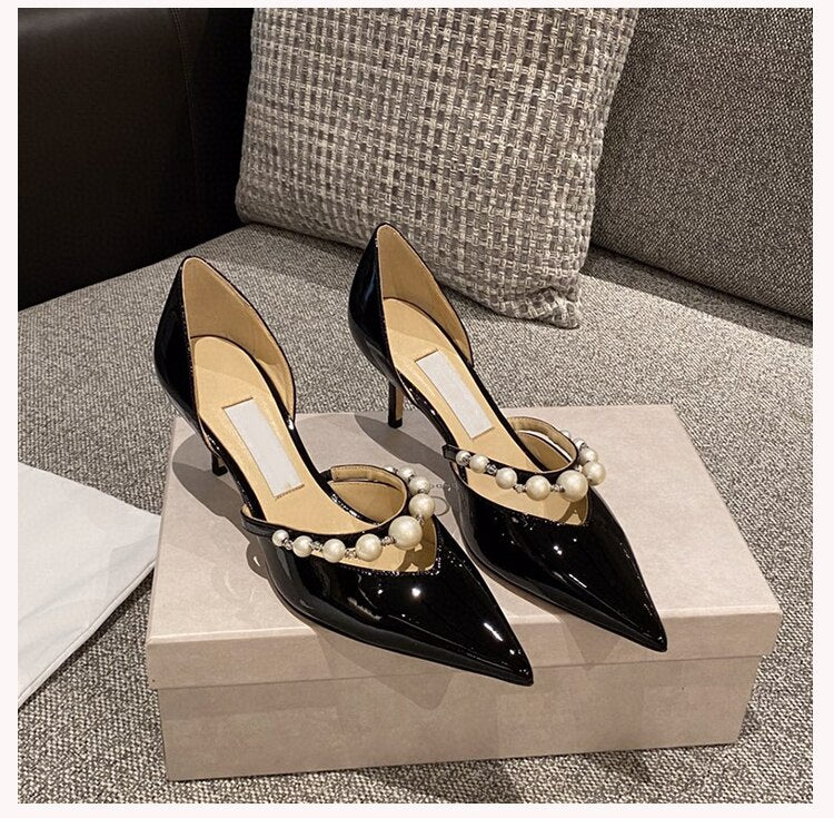 2021 New Hollow High Heels Women's Stiletto Pearl Pointed Wedding Shoes