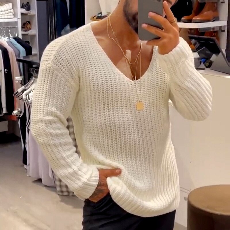 Daily Solid V Neck Simple Sweater Casual Gentleman Long Sleeve Slim Knitted Pullover