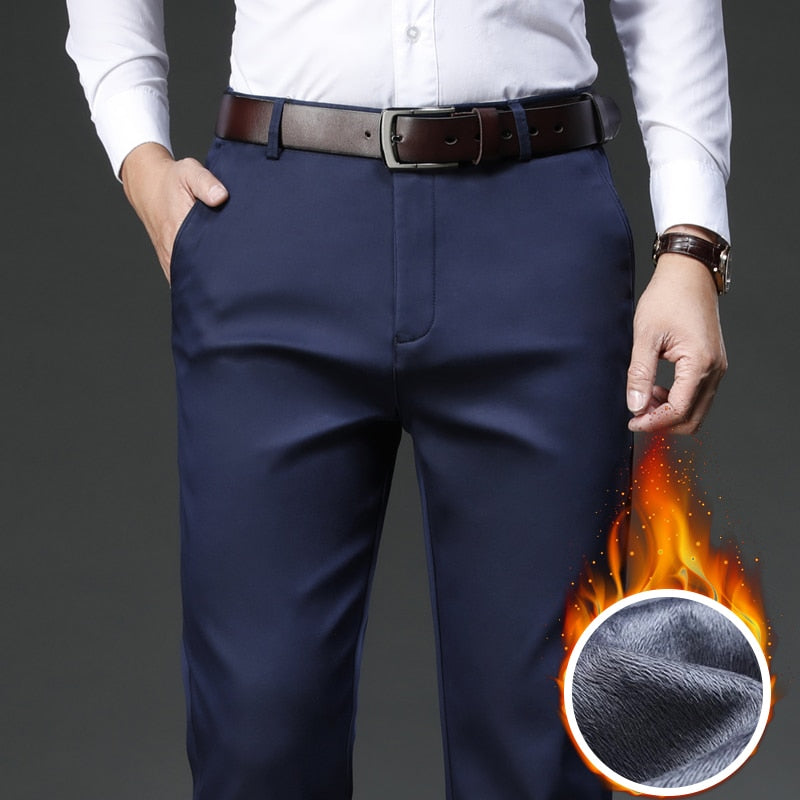 SHAN BAO 2021 winter brand fleece thick warm fit straight trousers business casual