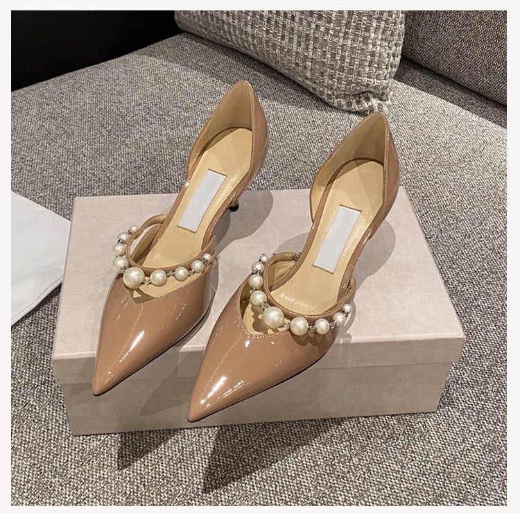 2021 New Hollow High Heels Women's Stiletto Pearl Pointed Wedding Shoes