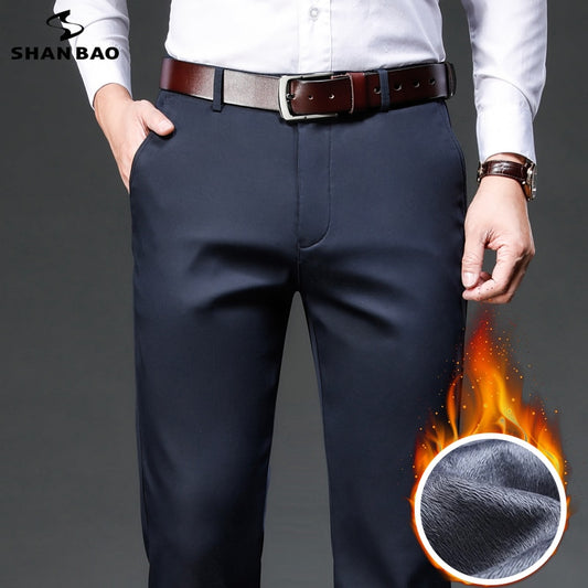 SHAN BAO 2021 winter brand fleece thick warm fit straight trousers business casual