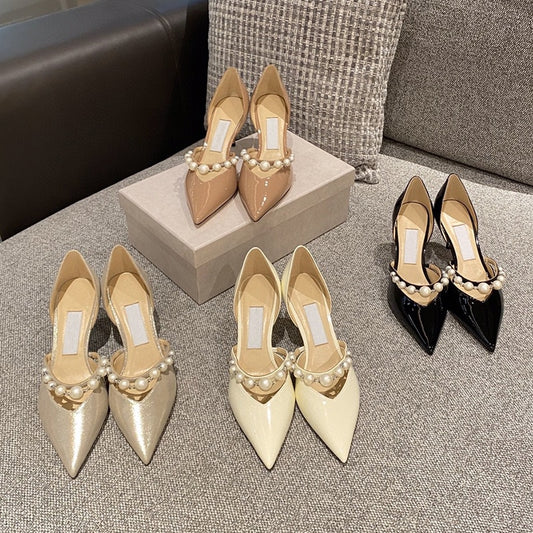 2021 New Hollow High Heels Women's Stiletto Pearl Pointed Wedding Shoes