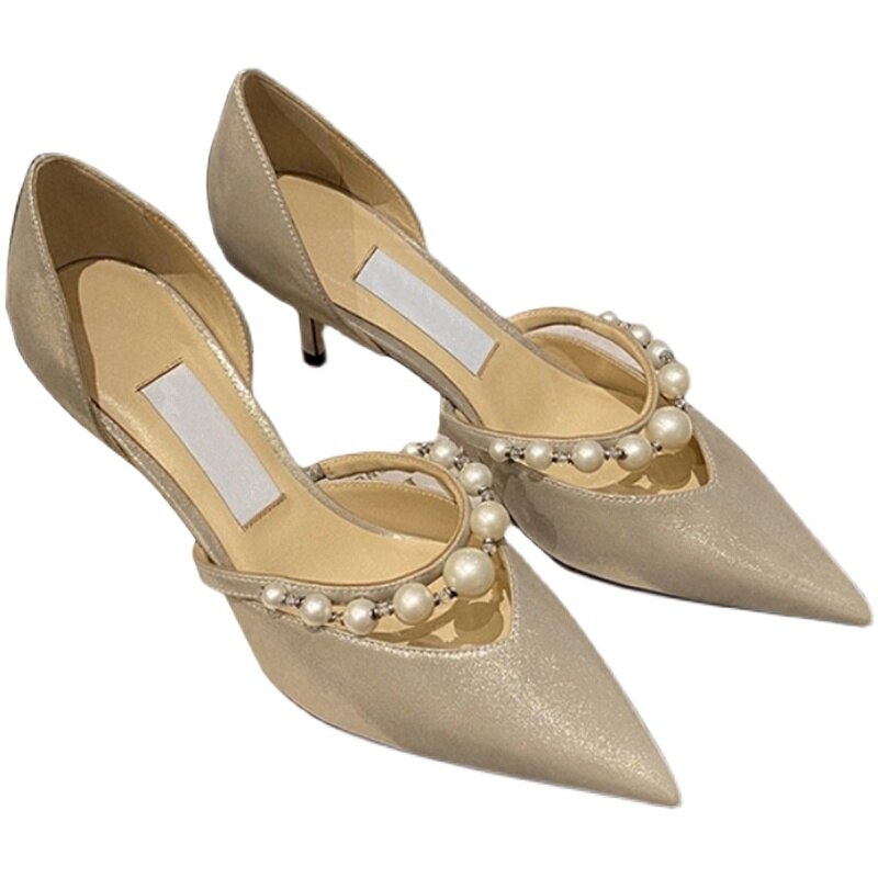2021 New Hollow High Heels Women's Stiletto Pearl Pointed Wedding Shoes