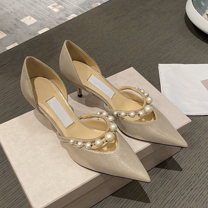 2021 New Hollow High Heels Women's Stiletto Pearl Pointed Wedding Shoes