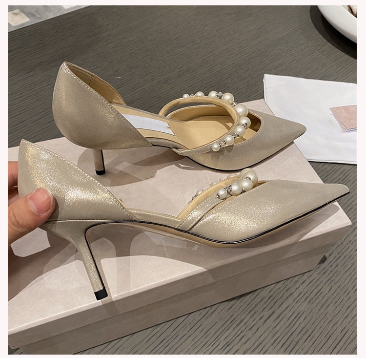 2021 New Hollow High Heels Women's Stiletto Pearl Pointed Wedding Shoes